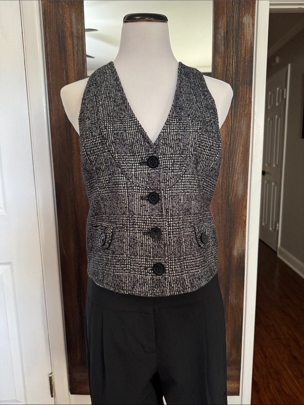 Michael Kors Black and White Plaid Tweed Vest